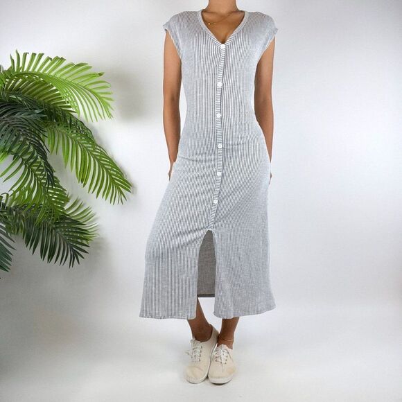 Vintage Gray Casual Coastal Chic Striped Short Sleeve Button Up Midi Dress / S - Picture 3 of 4